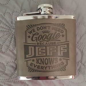 ✅$8 Add On 'Jeff knows Everything' Gray/Green Pleather and Silver Flask